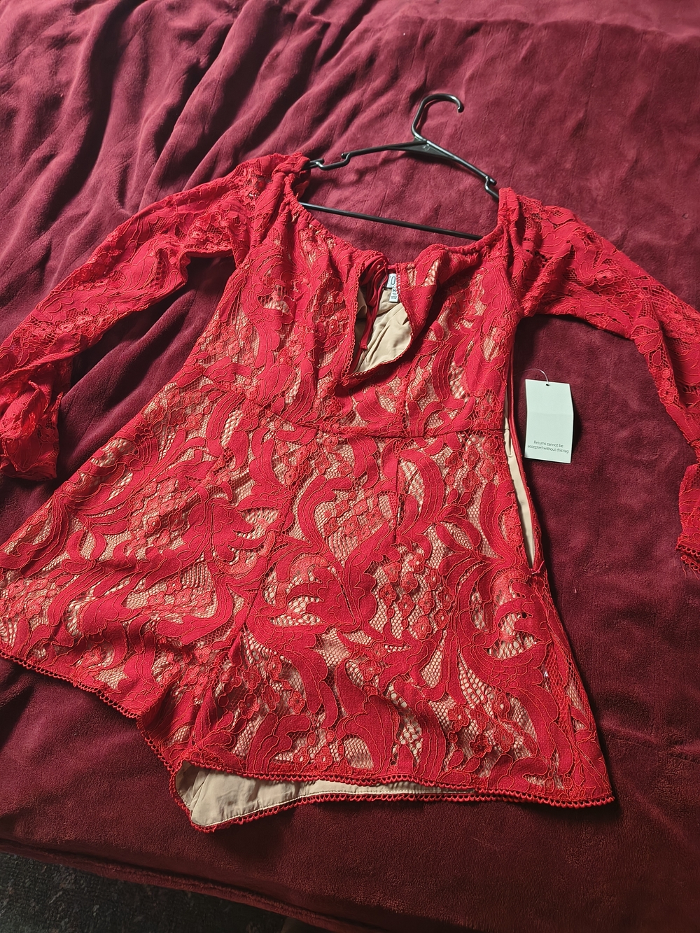 Red Lace Long Bell Sleeve Romper